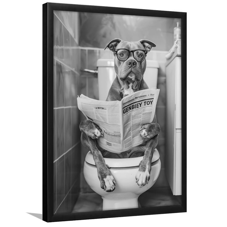 Pitbull Sitting On Toilet Framed Art Print Wall Decor, Pitbull Dog Reading Newspaper, Black and White, Bathroom Wall Decor