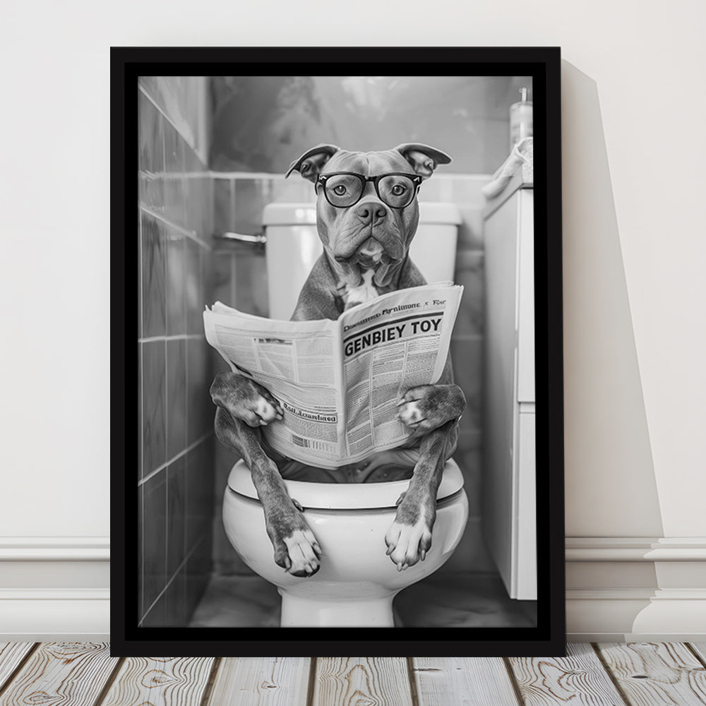 Pitbull Sitting On Toilet Framed Canvas Print Wall Art, Pitbull Dog Reading Newspaper, Black and White, Bathroom Wall Decor