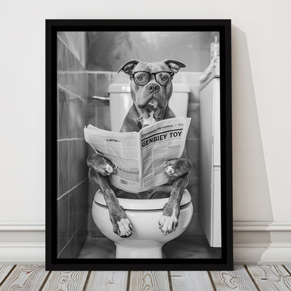 Pitbull Sitting On Toilet Framed Canvas Print Wall Art, Pitbull Dog Reading Newspaper, Black and White, Bathroom Wall Decor