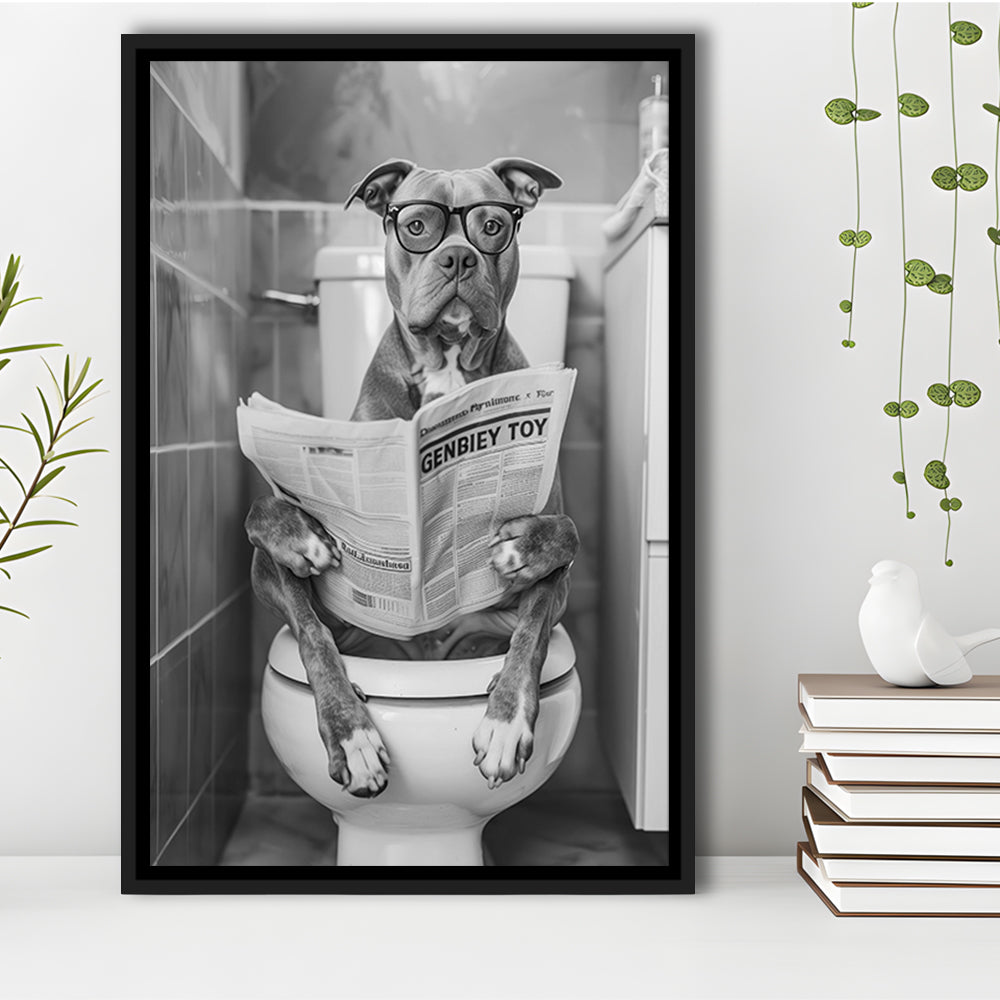 Pitbull Sitting On Toilet Framed Canvas Print Wall Art, Pitbull Dog Reading Newspaper, Black and White, Bathroom Wall Decor