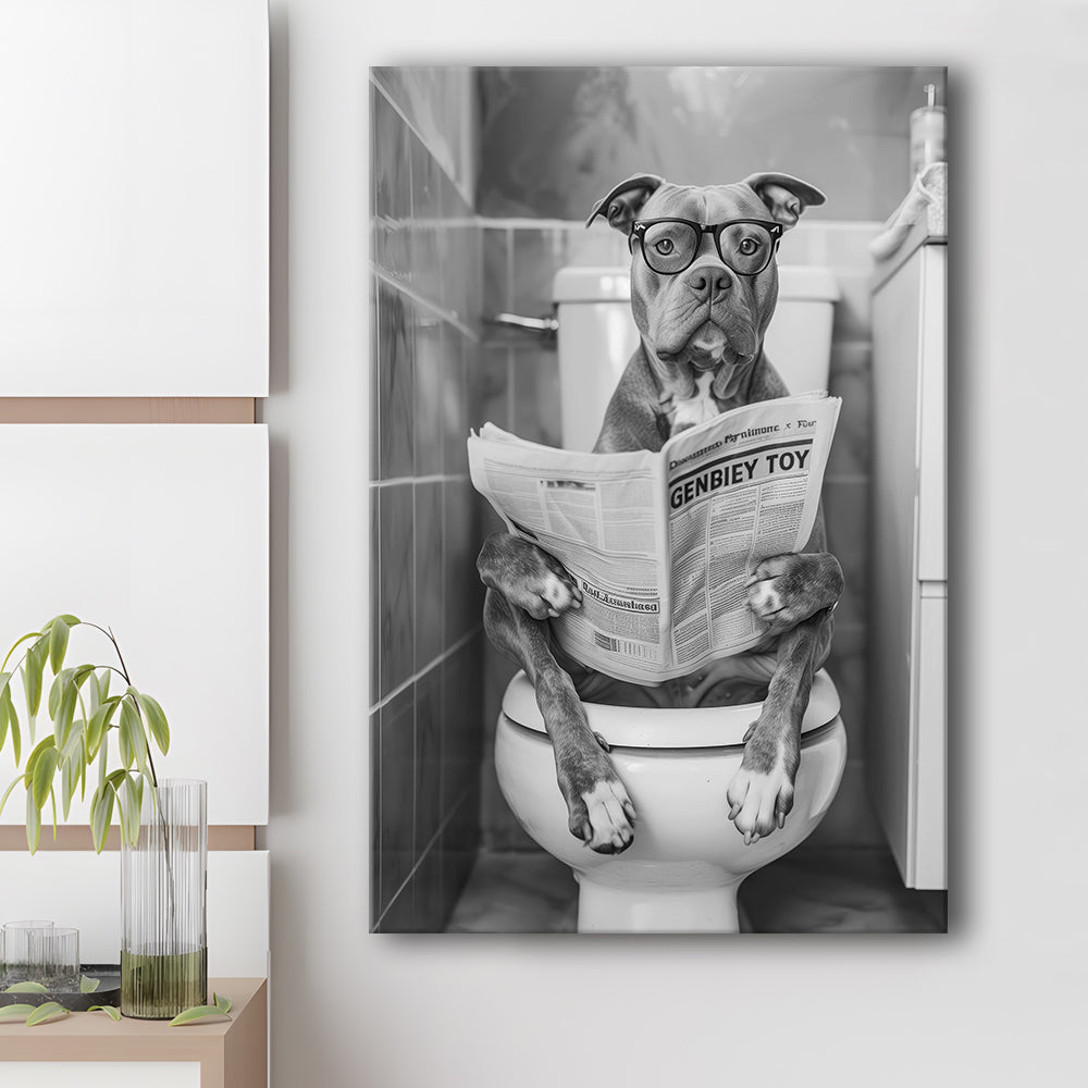 Pitbull Sitting On Toilet Canvas Print Wall Art, Pitbull Dog Reading Newspaper, Black and White, Bathroom Wall Decor