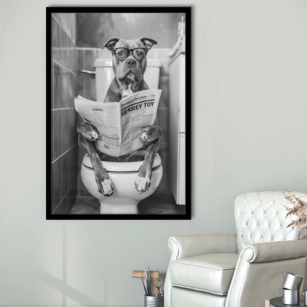 Pitbull Sitting On Toilet Framed Art Print Wall Decor, Pitbull Dog Reading Newspaper, Black and White, Bathroom Wall Decor