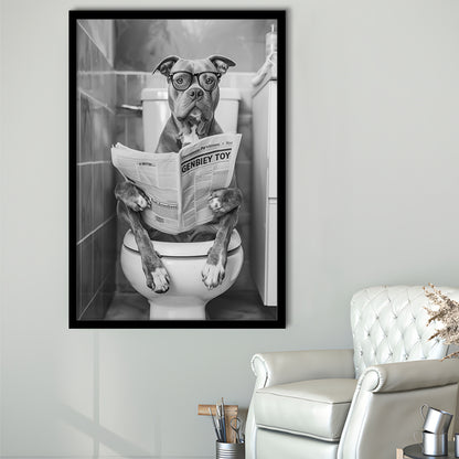 Pitbull Sitting On Toilet Framed Art Print Wall Decor, Pitbull Dog Reading Newspaper, Black and White, Bathroom Wall Decor