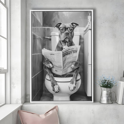 Pitbull Sitting On Toilet Framed Canvas Print Wall Art, Pitbull Dog Reading Newspaper, Black and White, Bathroom Wall Decor