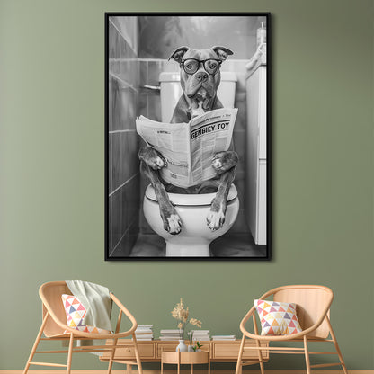 Pitbull Sitting On Toilet Framed Canvas Print Wall Art, Pitbull Dog Reading Newspaper, Black and White, Bathroom Wall Decor