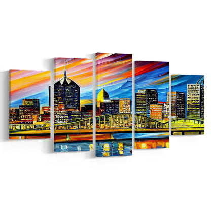 Pittsburgh Pennsylvania Skyline, Pittsburgh Painting Wall Art, Sport Art, Mixed 5 Panel, Canvas Print Wall Art
