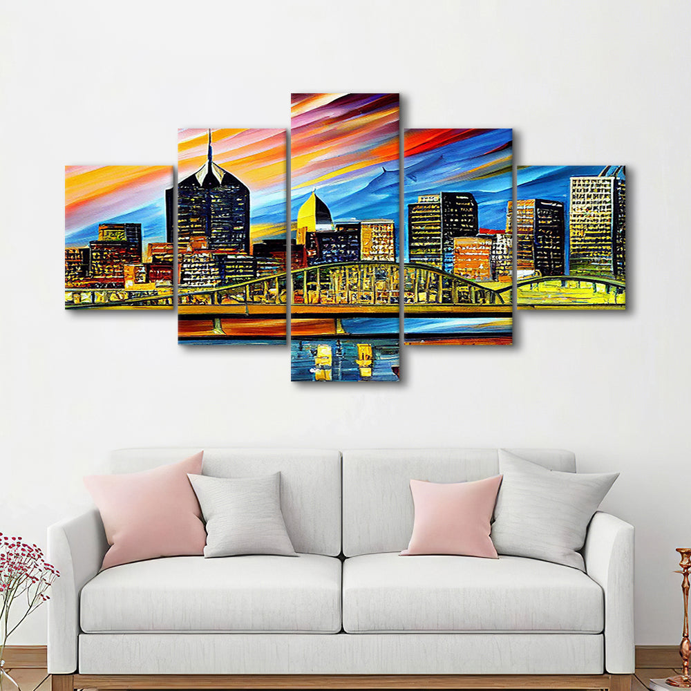 Pittsburgh Pennsylvania Skyline, Pittsburgh Painting Wall Art, Sport Art, Mixed 5 Panel, Canvas Print Wall Art
