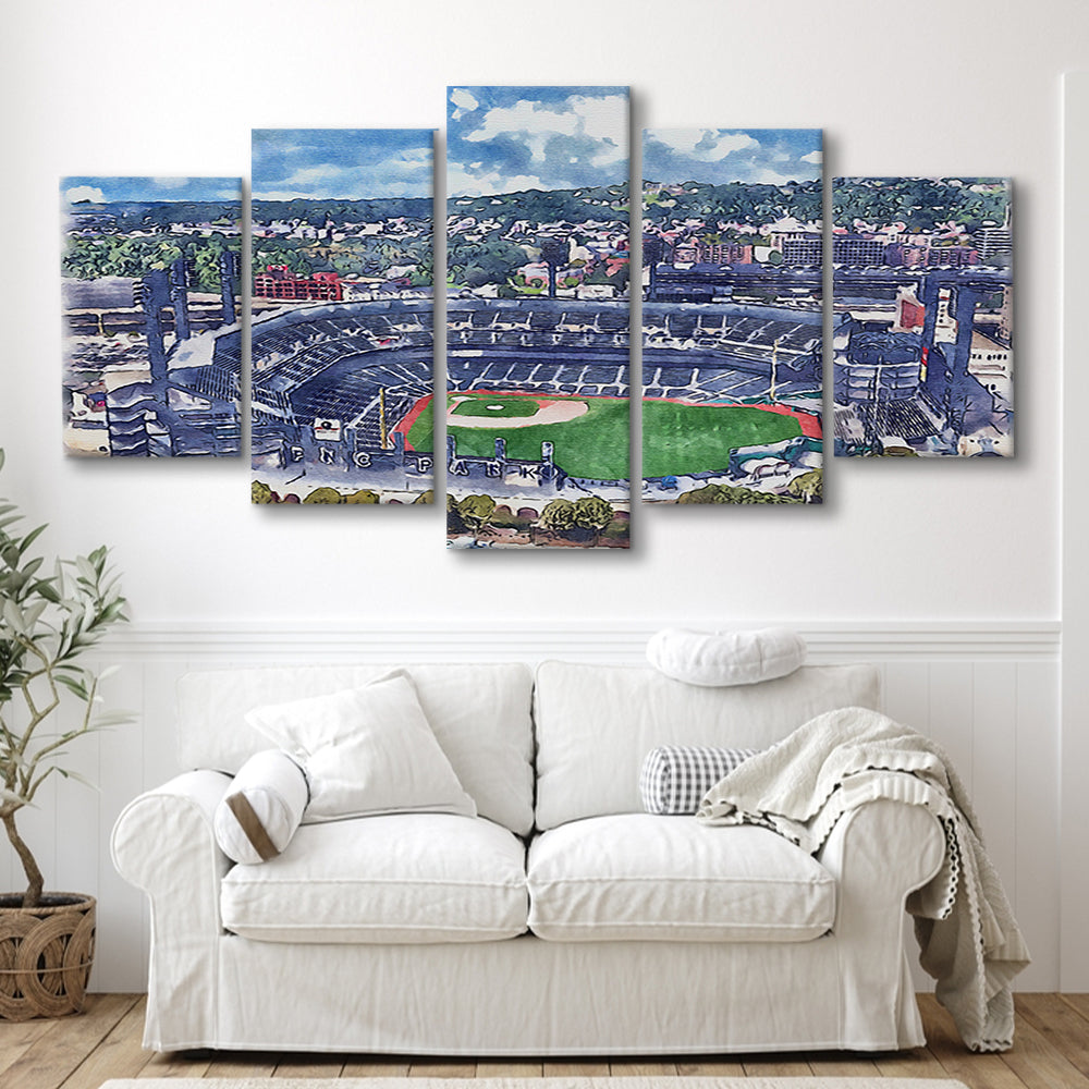 Pittsburgh Pirates, PNC Park Painting Watercolor, Sport Art, Mixed 5 Panel, Canvas Print Wall Art