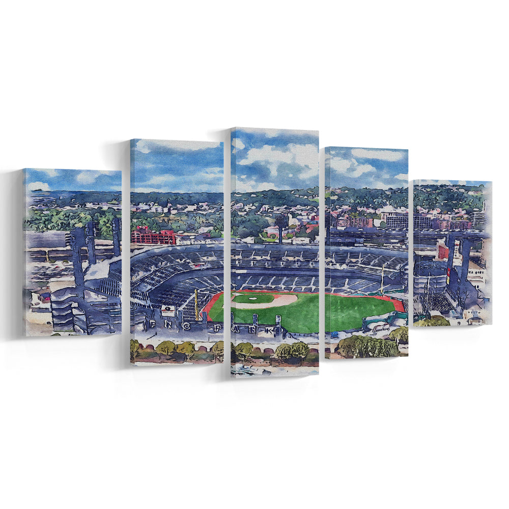 Pittsburgh Pirates, PNC Park Painting Watercolor, Sport Art, Mixed 5 Panel, Canvas Print Wall Art