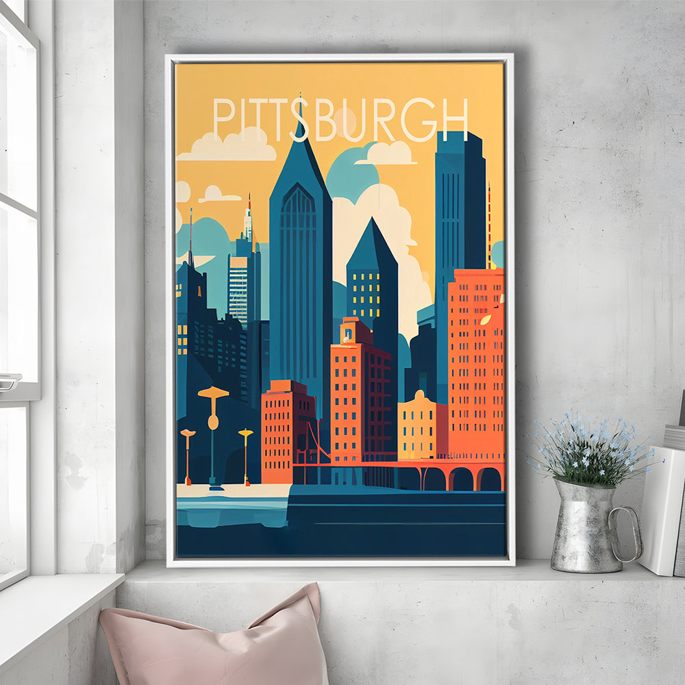 Pittsburgh Retro Art Print, Pittsburgh City Wall Art, Floating Framed Canvas Print, Framed Picture, Painting Canvas