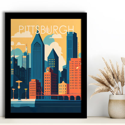 Pittsburgh Retro Art Print, Pittsburgh City Wall Art, Framed Art Print, Picture Framed, Painting Art
