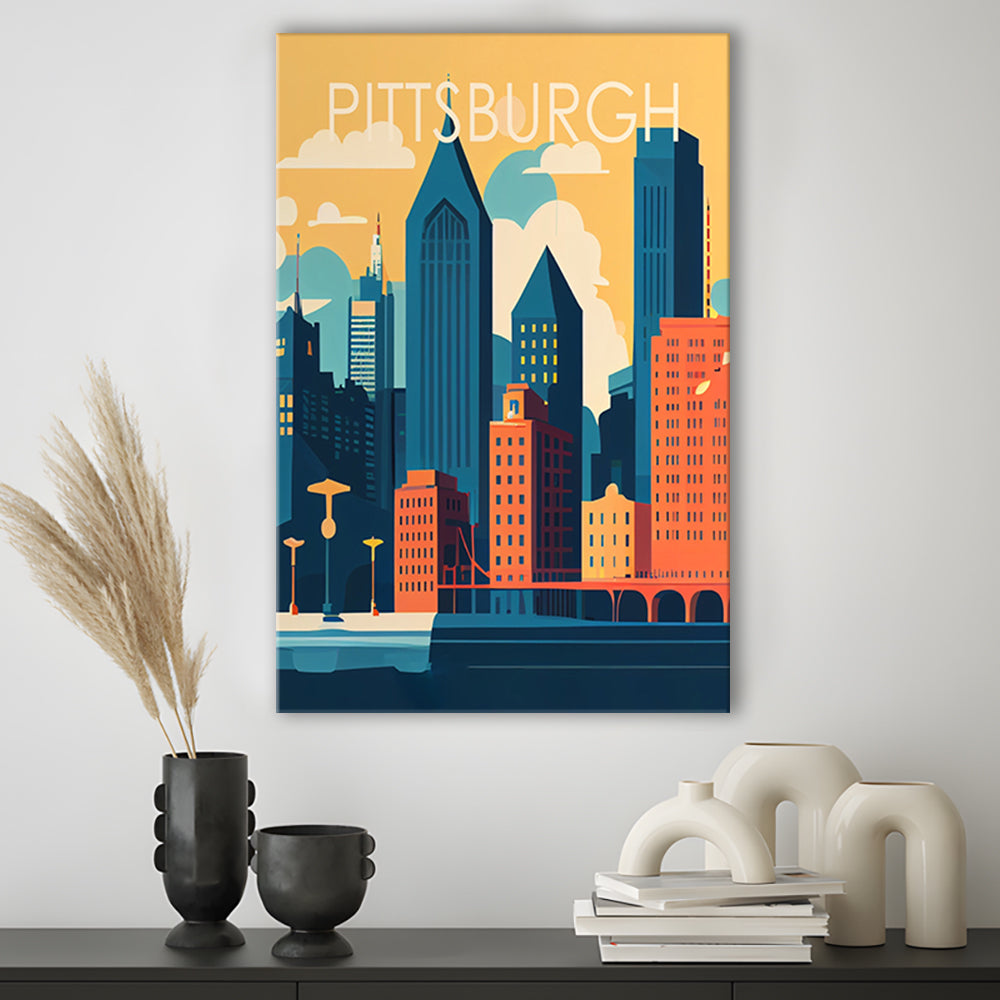 Pittsburgh Retro Art Print, Pittsburgh City Wall Art, Canvas Print, Painting Canvas, Living Room Decor