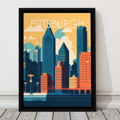 Pittsburgh Retro Art Print, Pittsburgh City Wall Art, Floating Framed Canvas Print, Framed Picture, Painting Canvas