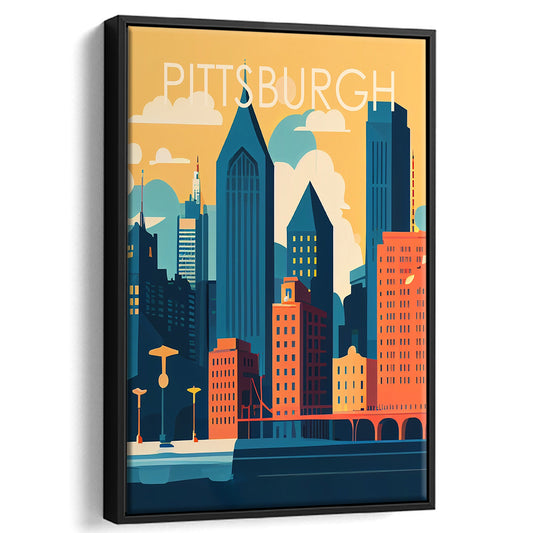 Pittsburgh Retro Art Print, Pittsburgh City Wall Art, Floating Framed Canvas Print, Framed Picture, Painting Canvas