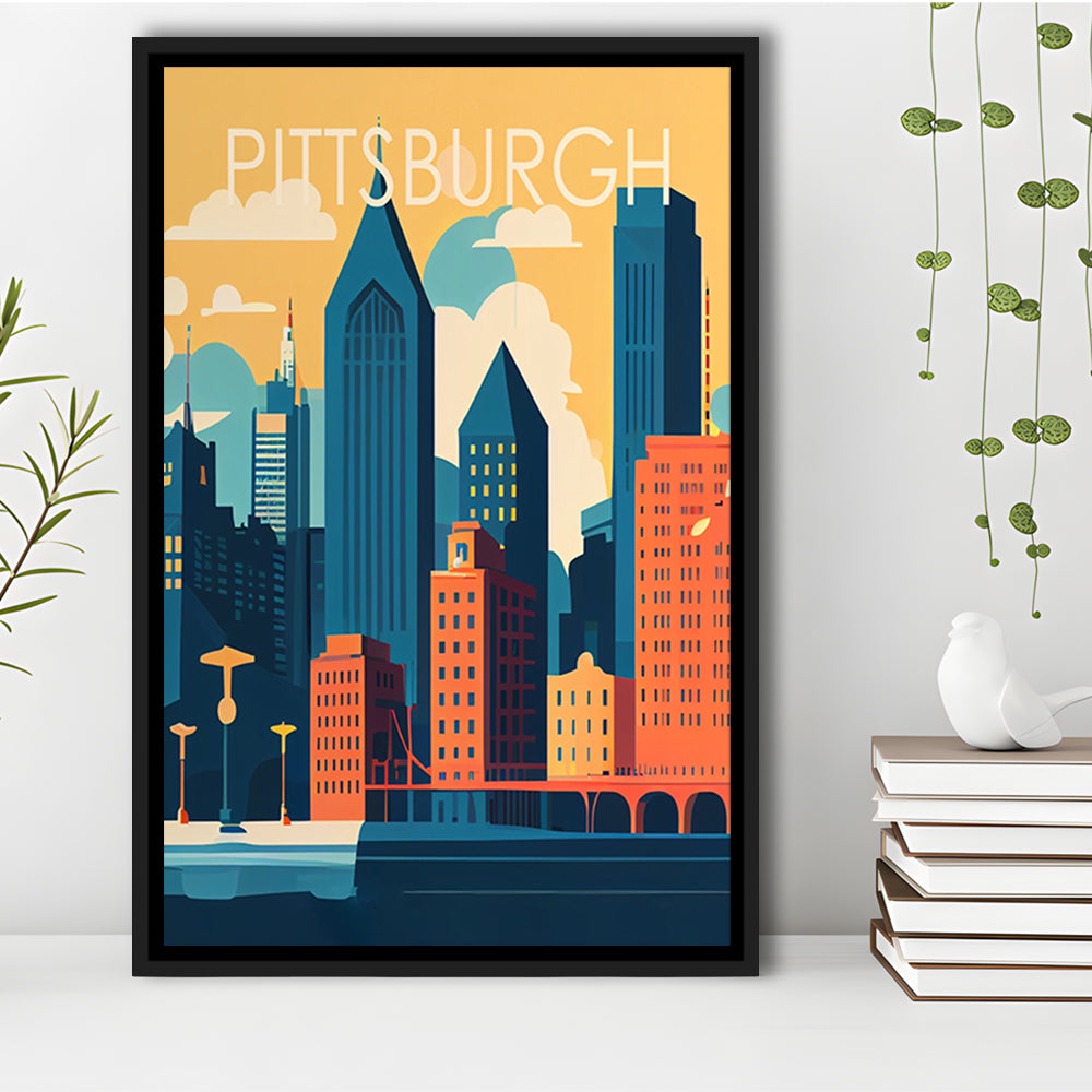 Pittsburgh Retro Art Print, Pittsburgh City Wall Art, Floating Framed Canvas Print, Framed Picture, Painting Canvas