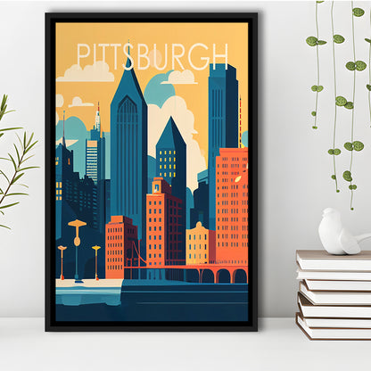 Pittsburgh Retro Art Print, Pittsburgh City Wall Art, Floating Framed Canvas Print, Framed Picture, Painting Canvas