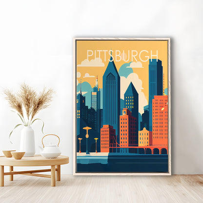Pittsburgh Retro Art Print, Pittsburgh City Wall Art, Floating Framed Canvas Print, Framed Picture, Painting Canvas