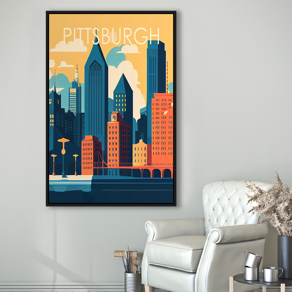 Pittsburgh Retro Art Print, Pittsburgh City Wall Art, Floating Framed Canvas Print, Framed Picture, Painting Canvas
