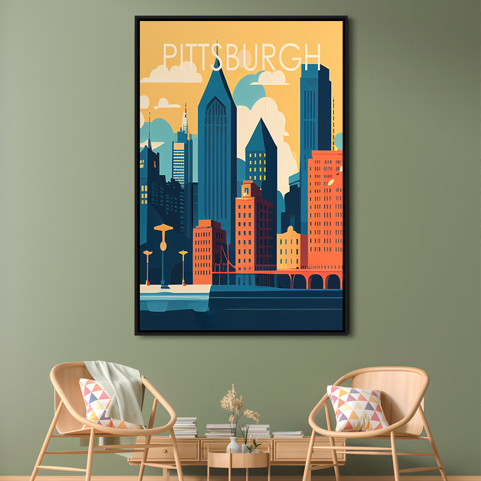 Pittsburgh Retro Art Print, Pittsburgh City Wall Art, Floating Framed Canvas Print, Framed Picture, Painting Canvas