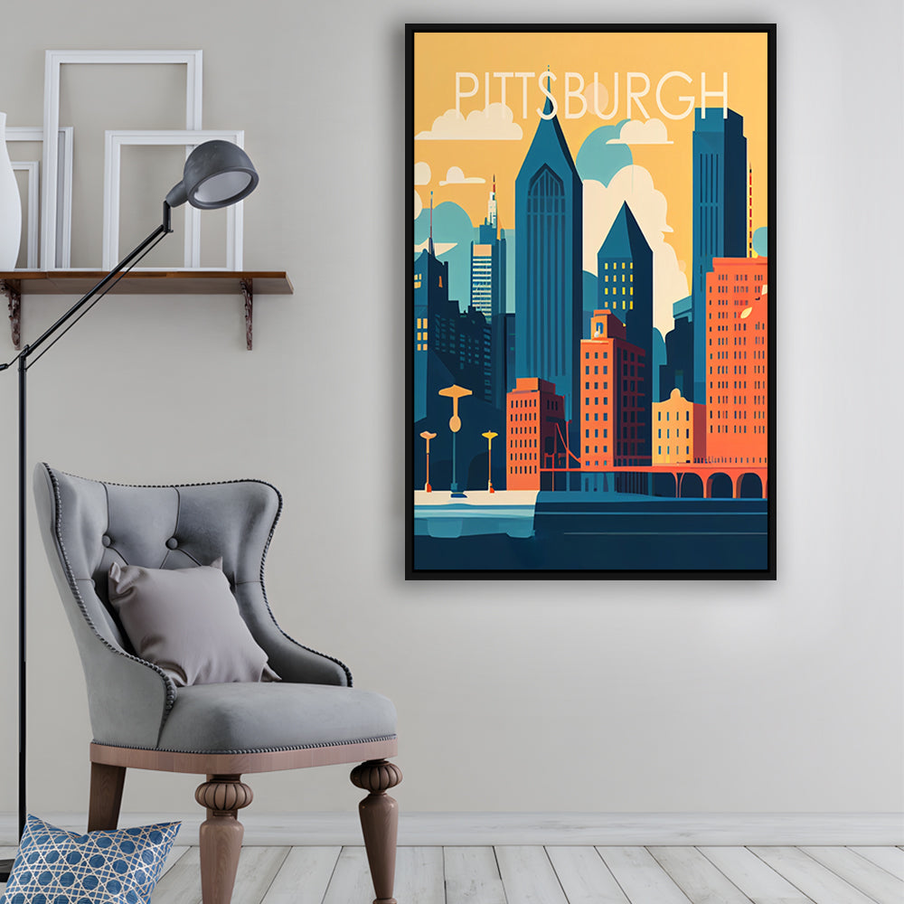 Pittsburgh Retro Art Print, Pittsburgh City Wall Art, Floating Framed Canvas Print, Framed Picture, Painting Canvas