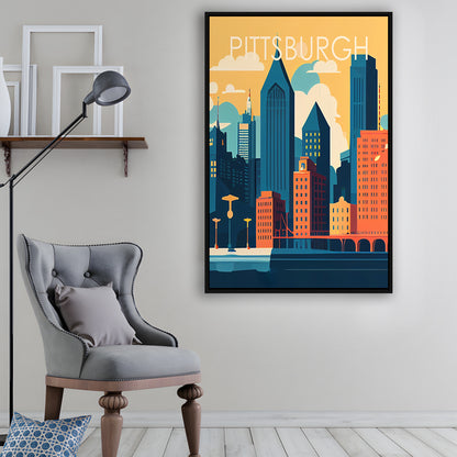 Pittsburgh Retro Art Print, Pittsburgh City Wall Art, Floating Framed Canvas Print, Framed Picture, Painting Canvas
