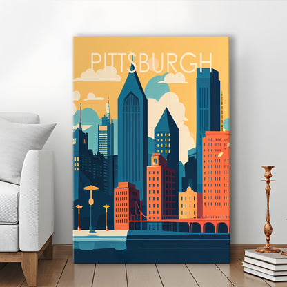 Pittsburgh Retro Art Print, Pittsburgh City Wall Art, Canvas Print, Painting Canvas, Living Room Decor