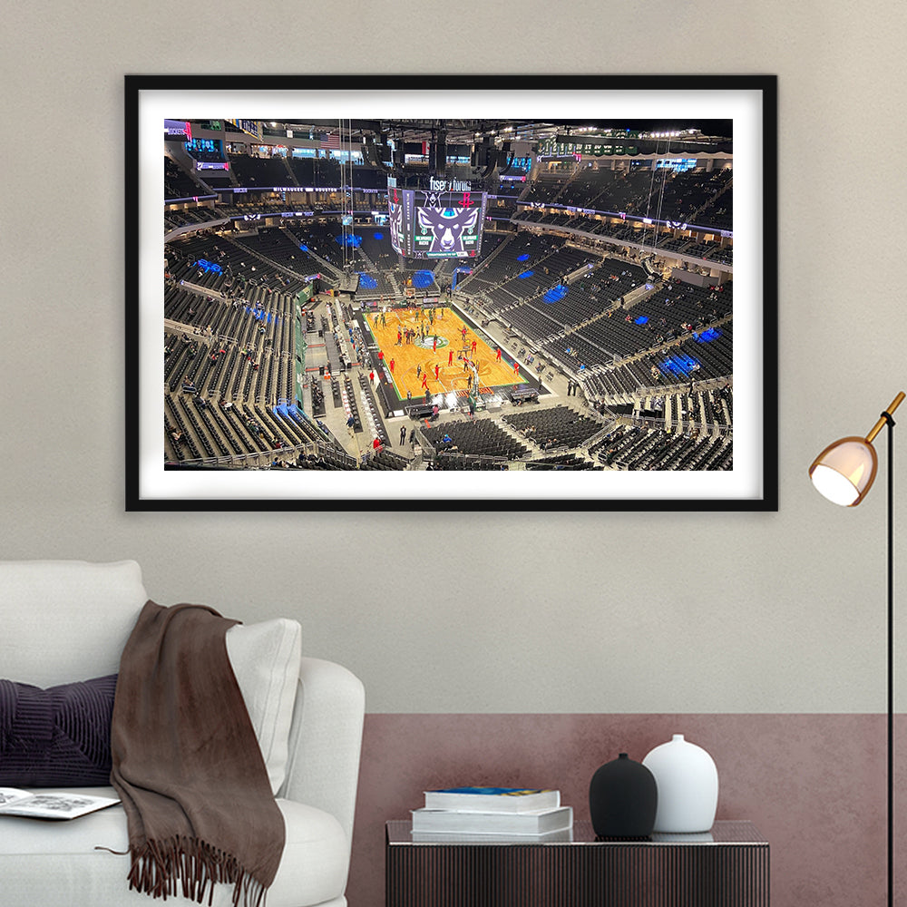 Playoffs in-Arena Fiserv Forum, Stadium Canvas, Sport Art, Gift for him, White Border Framed Art Print Wall Decor