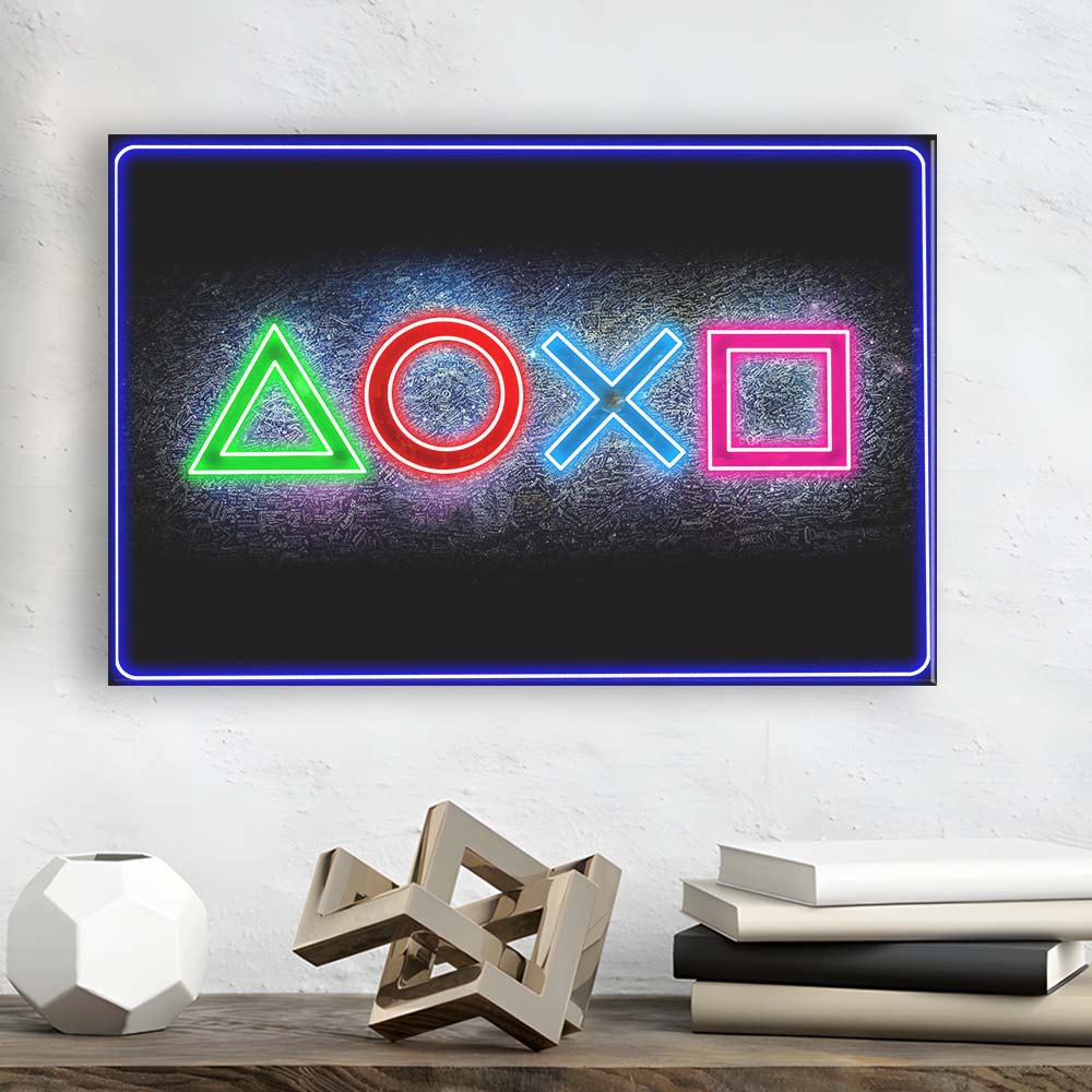Playstation Console Gaming Art Print, Canvas Print Wall Art, Wall Decor, Neon Effect Art