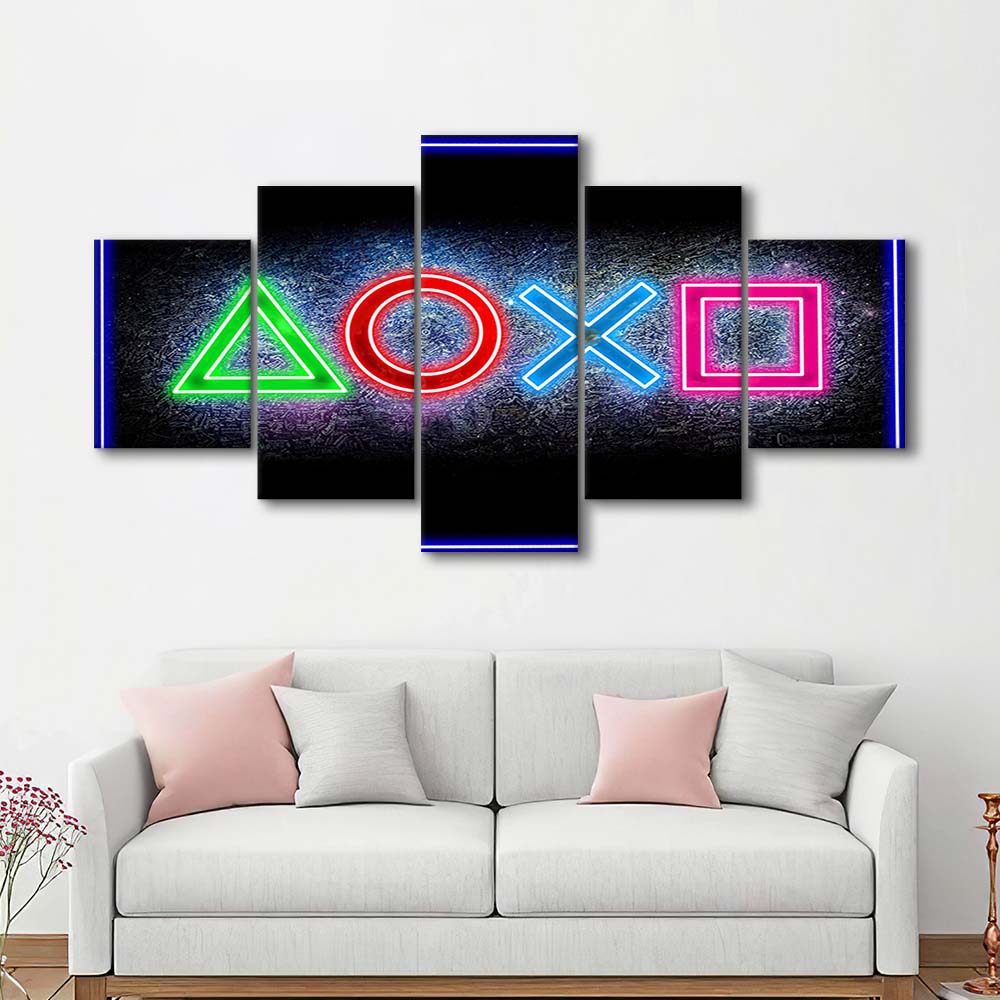 Playstation Console Gaming Art Print, 5 Panel Mixed Canvas Print Wall Art, Home Decor, Neon Canvas