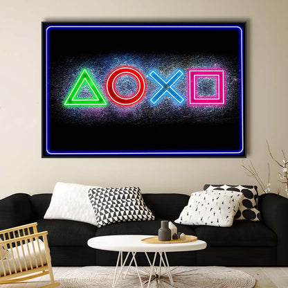 Playstation Console Gaming Art Print, Framed Canvas Print Wall Art Decor, Floating Frame, Neon Effect Art