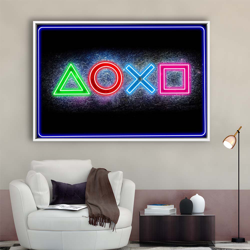 Playstation Console Gaming Art Print, Framed Canvas Print Wall Art Decor, Floating Frame, Neon Effect Art