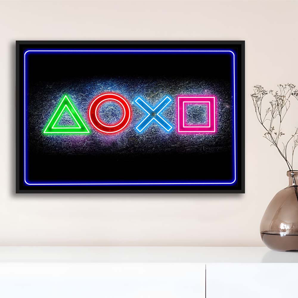 Playstation Console Gaming Art Print, Framed Canvas Print Wall Art Decor, Floating Frame, Neon Effect Art