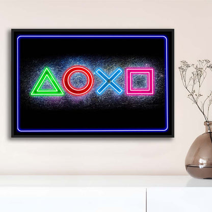 Playstation Console Gaming Art Print, Framed Canvas Print Wall Art Decor, Floating Frame, Neon Effect Art