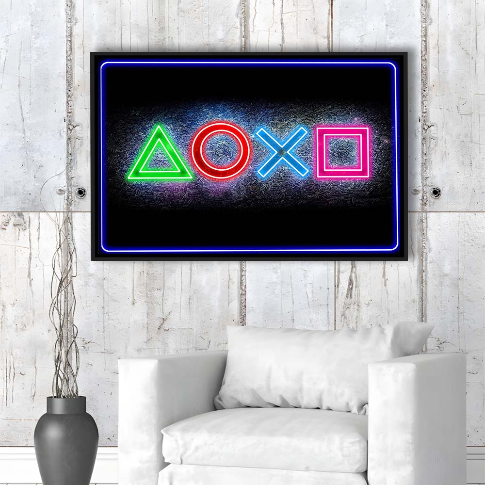 Playstation Console Gaming Art Print, Framed Canvas Print Wall Art Decor, Floating Frame, Neon Effect Art