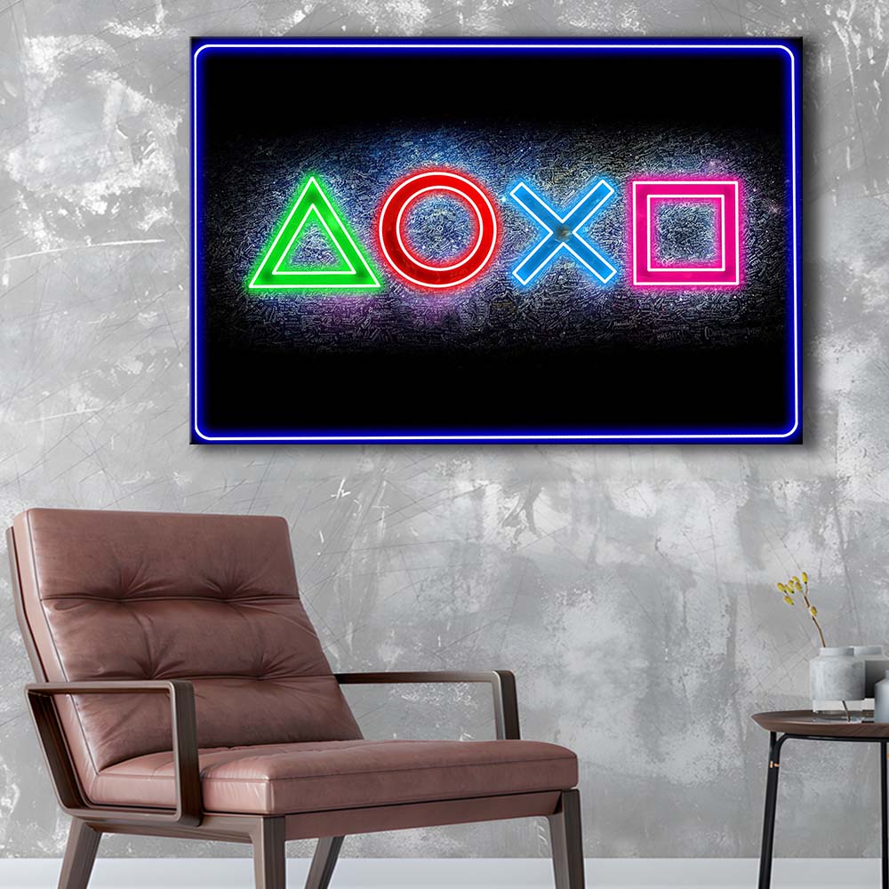 Playstation Console Gaming Art Print, Canvas Print Wall Art, Wall Decor, Neon Effect Art