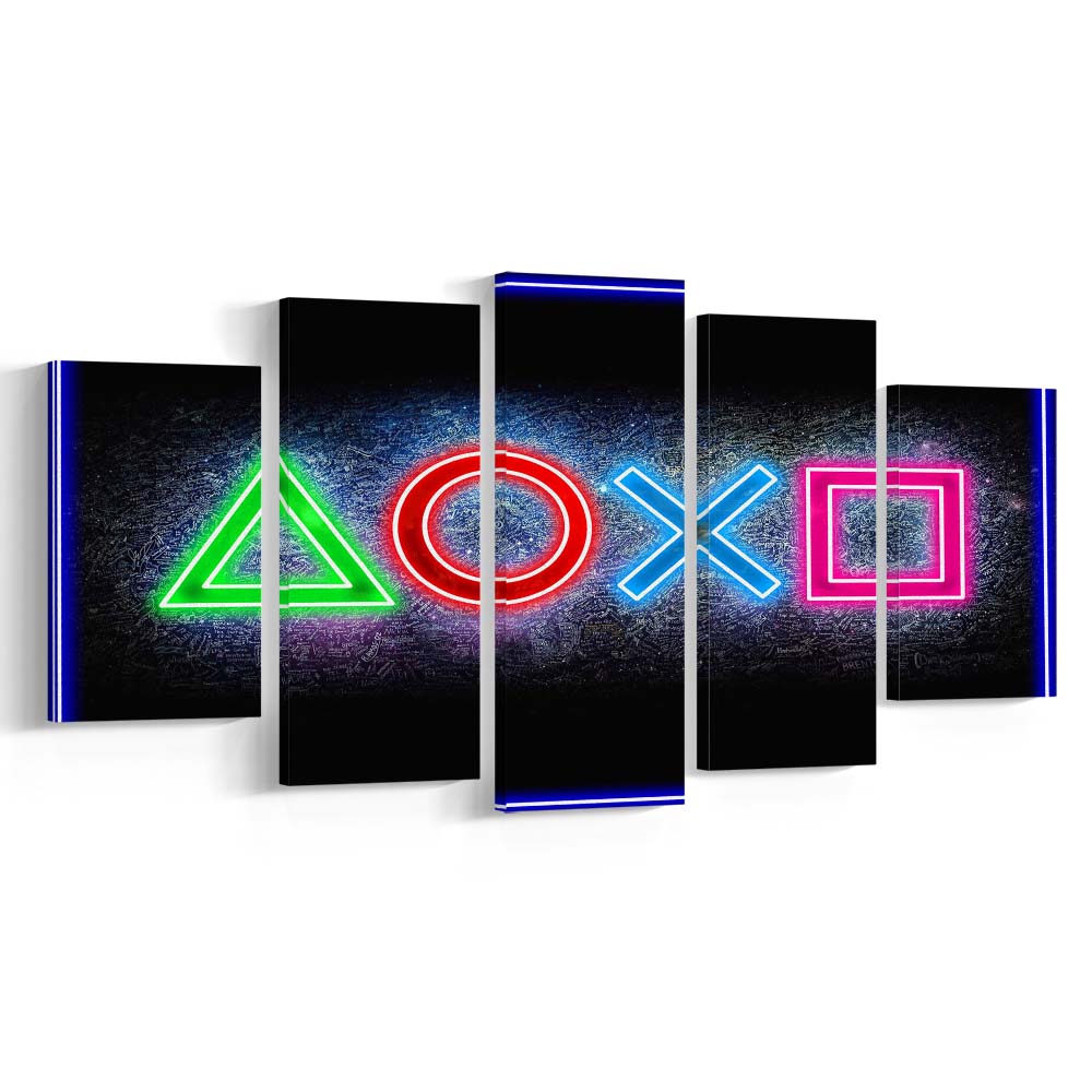 Playstation Console Gaming Art Print, 5 Panel Mixed Canvas Print Wall Art, Home Decor, Neon Canvas