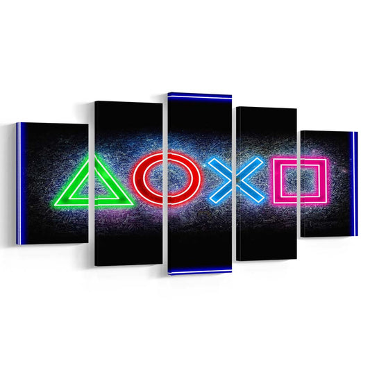 Playstation Console Gaming Art Print, 5 Panel Mixed Canvas Print Wall Art, Home Decor, Neon Canvas