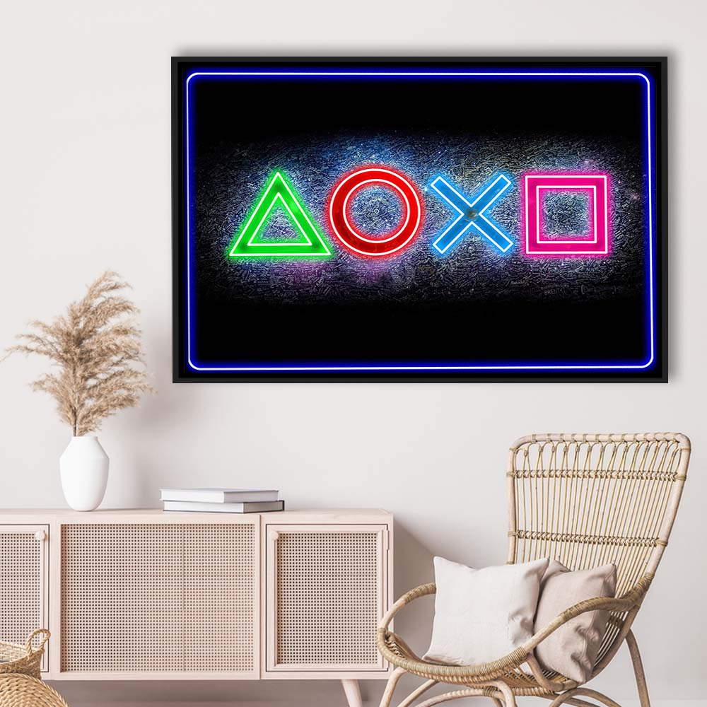 Playstation Console Gaming Art Print, Framed Canvas Print Wall Art Decor, Floating Frame, Neon Effect Art