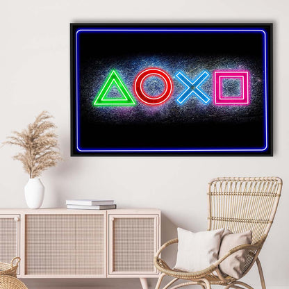 Playstation Console Gaming Art Print, Framed Canvas Print Wall Art Decor, Floating Frame, Neon Effect Art