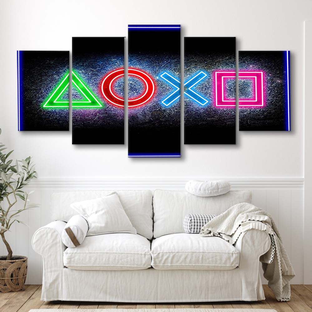 Playstation Console Gaming Art Print, 5 Panel Mixed Canvas Print Wall Art, Home Decor, Neon Canvas