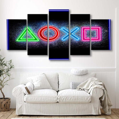 Playstation Console Gaming Art Print, 5 Panel Mixed Canvas Print Wall Art, Home Decor, Neon Canvas