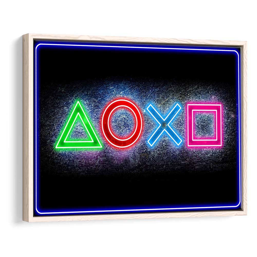 Playstation Console Gaming Art Print, Framed Canvas Print Wall Art Decor, Floating Frame, Neon Effect Art