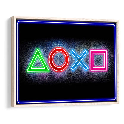 Playstation Console Gaming Art Print, Framed Canvas Print Wall Art Decor, Floating Frame, Neon Effect Art