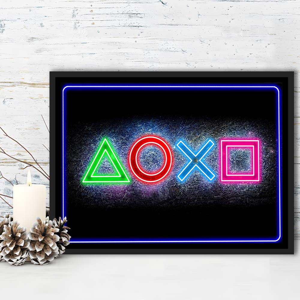 Playstation Console Gaming Art Print, Framed Canvas Print Wall Art Decor, Floating Frame, Neon Effect Art