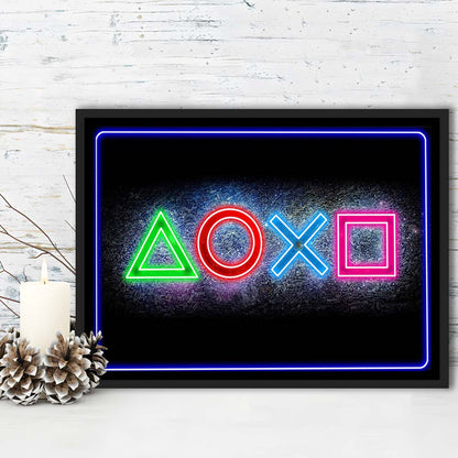 Playstation Console Gaming Art Print, Framed Canvas Print Wall Art Decor, Floating Frame, Neon Effect Art