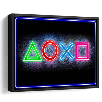 Playstation Console Gaming Art Print, Framed Canvas Print Wall Art Decor, Floating Frame, Neon Effect Art