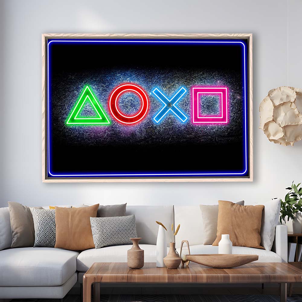 Playstation Console Gaming Art Print, Framed Canvas Print Wall Art Decor, Floating Frame, Neon Effect Art