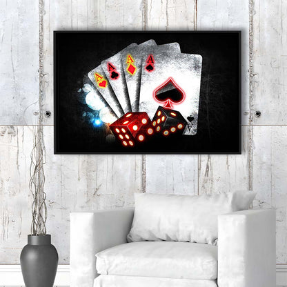 Poker Aces Neon Art Art Print, Framed Canvas Print Wall Art Decor, Floating Frame, Neon Effect Art