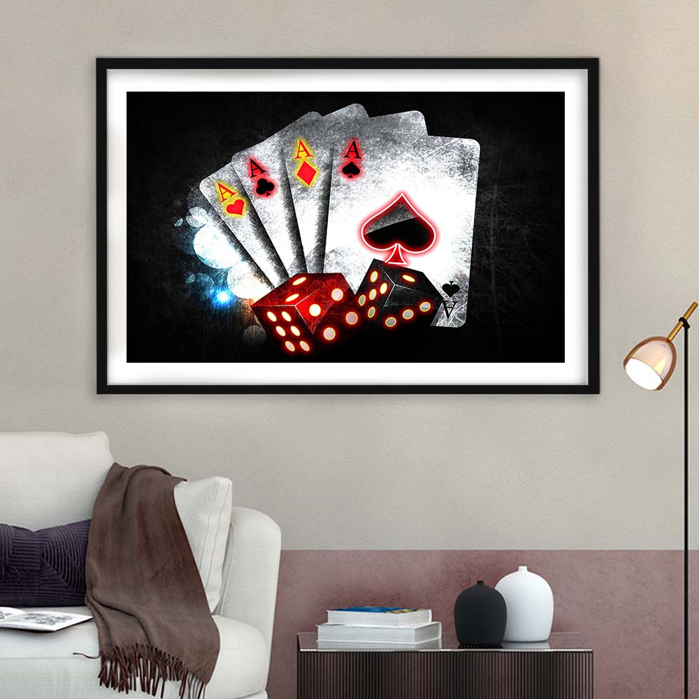 Poker Aces Neon Art Art Print, Framed Art Print Wall Decor, White Border, Framed Picture