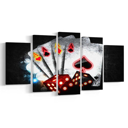 Poker Aces Neon Art Art Print, 5 Panel Mixed Canvas Print Wall Art, Home Decor, Neon Canvas